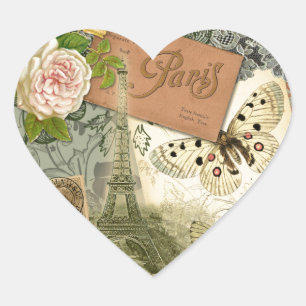 Paris France Antique Artwork Collage Eiffel French Heart Sticker