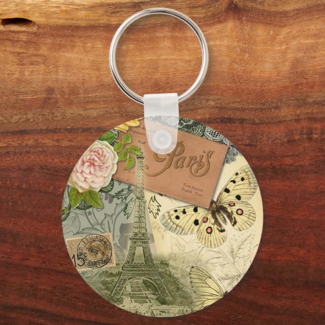 Paris France Antique Artwork Collage Eiffel French Key Ring (Front)