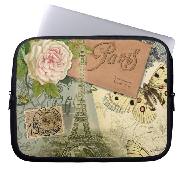 Paris France Antique Artwork Collage Eiffel French Laptop Sleeve (Front)