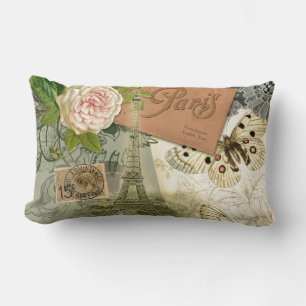 Paris France Antique Artwork Collage Eiffel French Lumbar Cushion