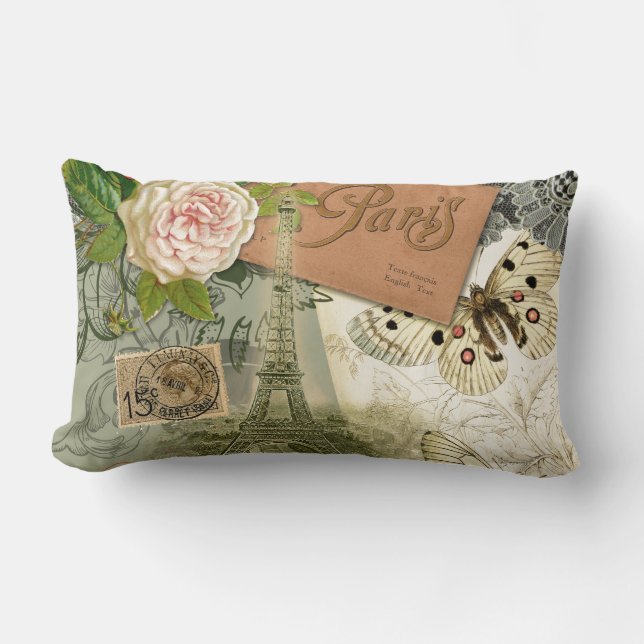 Paris France Antique Artwork Collage Eiffel French Lumbar Cushion (Front)