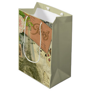 Paris France Antique Artwork Collage Eiffel French Medium Gift Bag
