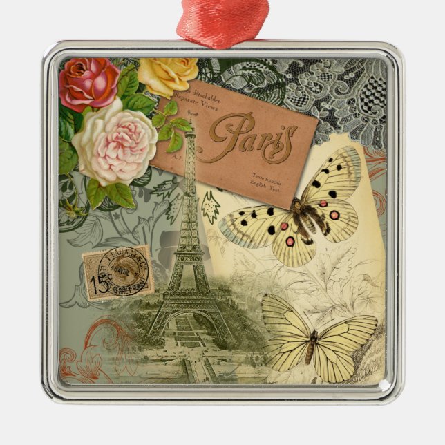 Paris France Antique Artwork Collage Eiffel French Metal Tree Decoration (Front)