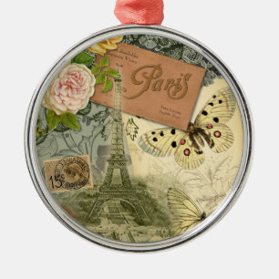 Paris France Antique Artwork Collage Eiffel French Metal Tree Decoration