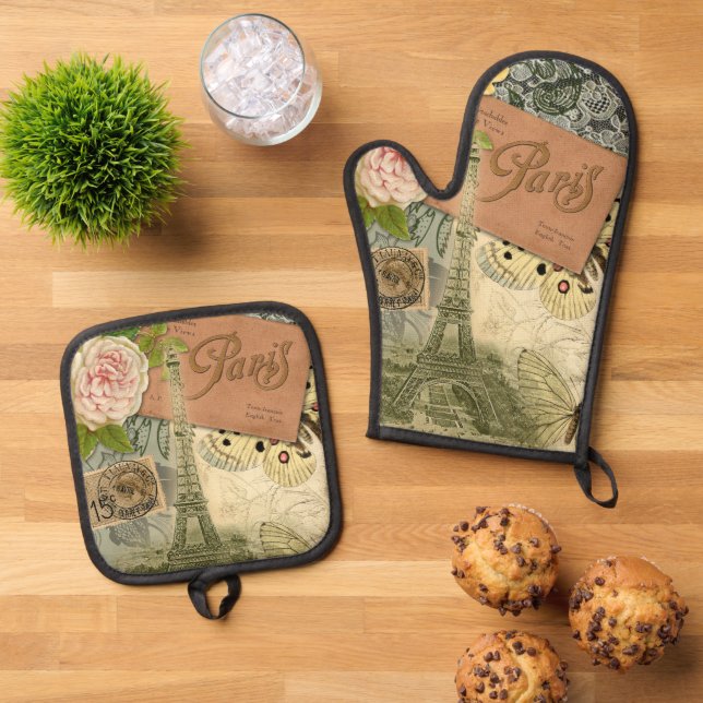 Paris France Antique Artwork Collage Eiffel French Oven Mitt & Pot Holder Set (Top Down)