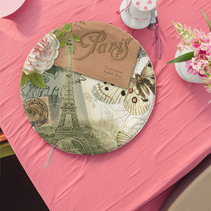 Paris France Antique Artwork Collage Eiffel French Paper Plate