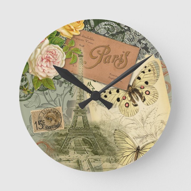 Paris France Antique Artwork Collage Eiffel French Round Clock (Front)