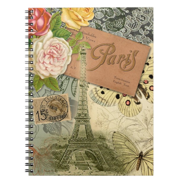 Paris France Antique Artwork Collage Eiffel French Spiral Notebook (Front)