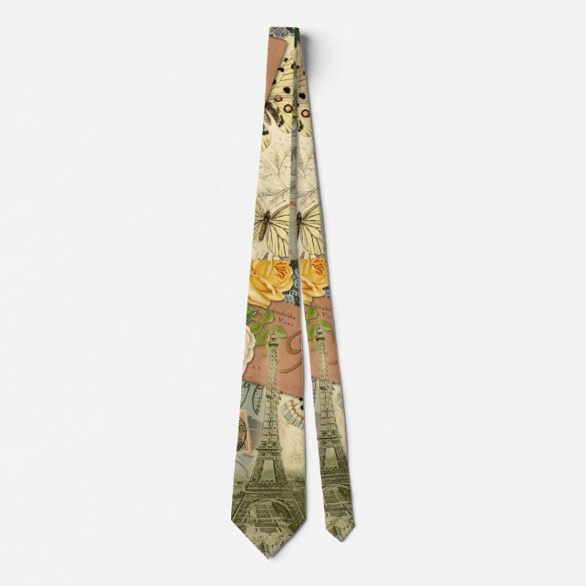 Paris France Antique Artwork Collage Eiffel French Tie (Front)