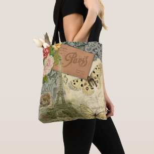 Paris France Antique Artwork Collage Eiffel French Tote Bag