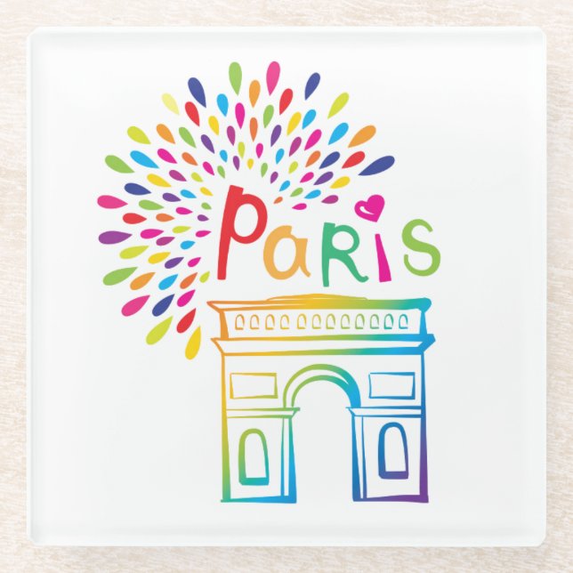 Paris France | Arc de Triomphe | Neon Design Glass Coaster (Front)