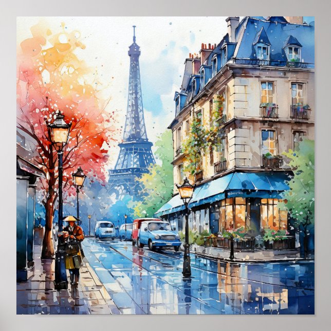 Paris France Bohemian Style Watercolor Painting  Poster (Front)