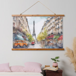Paris France City Silhouette Watercolor Hanging Tapestry