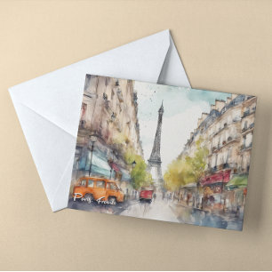 Paris France City Silhouette Watercolor Postcard