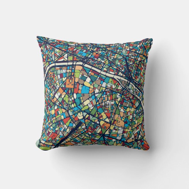 Paris France | Colourful Map Cushion (Front)