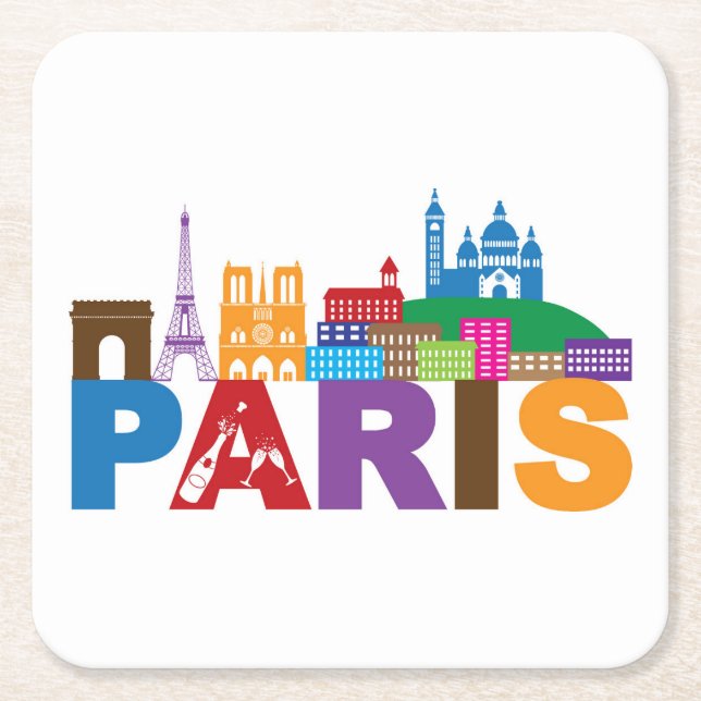 Paris, France | Colourful Typography Square Paper Coaster (Front)