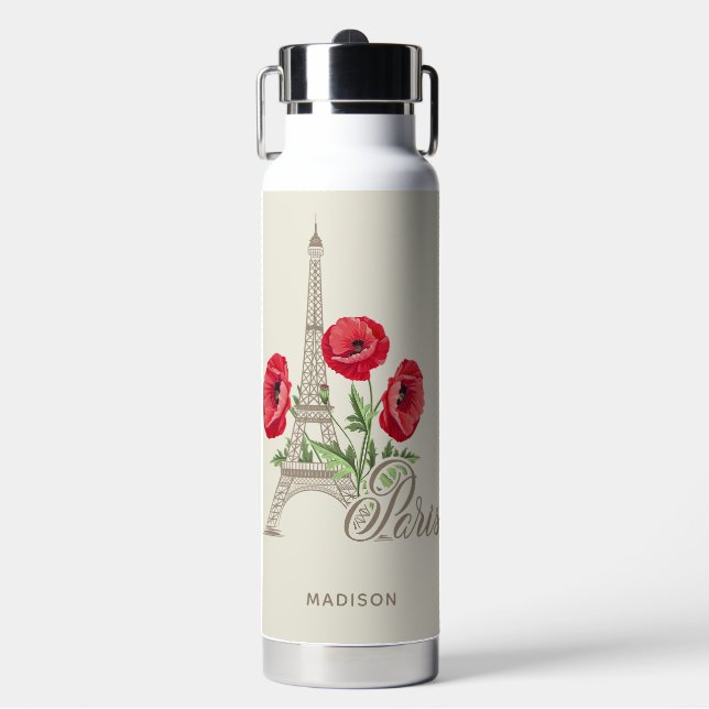 Paris France custom name Water Bottle (Front)