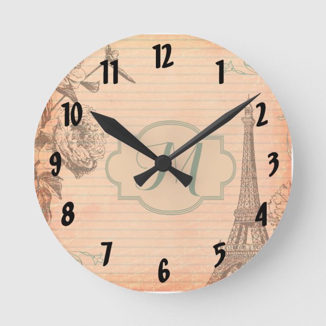 Paris France Eiffel Monogram Initial Wall Clock (Front)