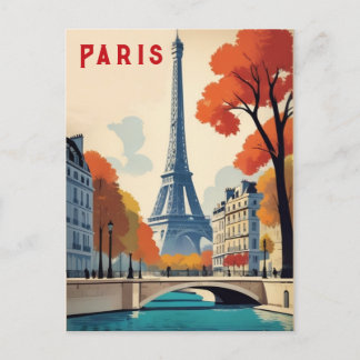 Paris France Eiffel Tower Autumn Retro Travel Postcard
