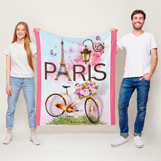 Paris France Eiffel Tower Bicycle Lamp Medium Fleece Blanket (In Situ)