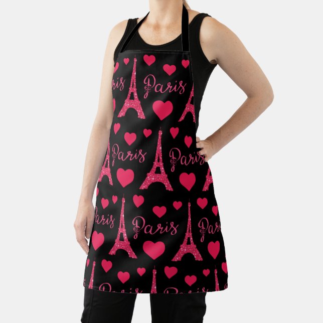 Paris France Eiffel Tower Pink Hearts Glitter Apron (Insitu)