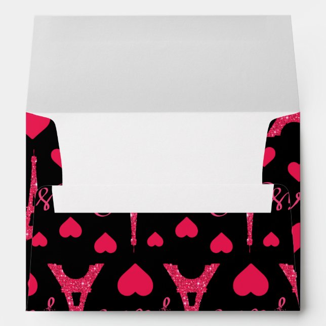 Paris France Eiffel Tower Pink Hearts Glitter Envelope (Back (Bottom))