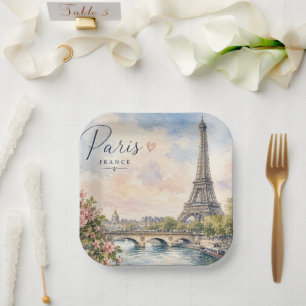 Paris France Eiffel Tower river seine Paper Plate