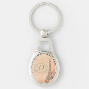 Paris France Eiffel Tower Shabby Chi Oval Keychain