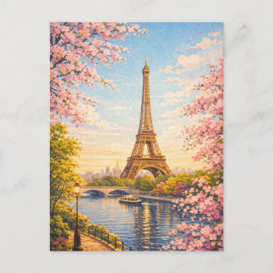 Paris France Eiffel Tower Spring Cherry Blossoms Postcard