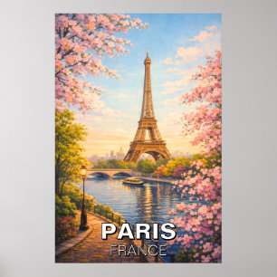 Paris France Eiffel Tower Vintage Cherry Blossoms Poster