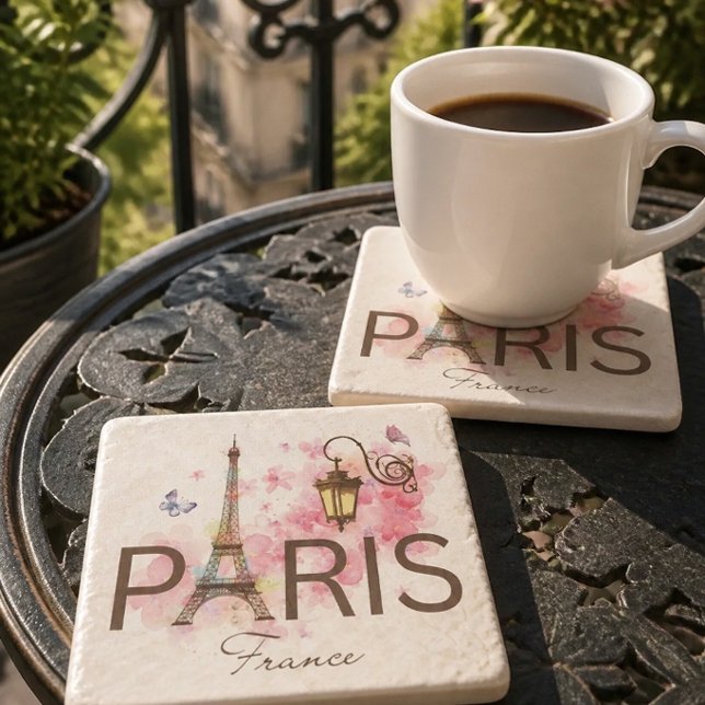 Paris France Eiffel Tower Vintage Lamp Stone Coaster (Creator Uploaded)