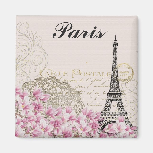 Paris France Eiffel Tower Vintage Pink Flowers Magnet (Front)