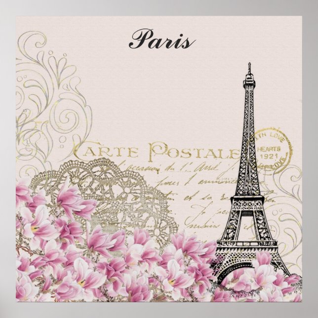Paris France Eiffel Tower Vintage Pink Flowers Poster (Front)