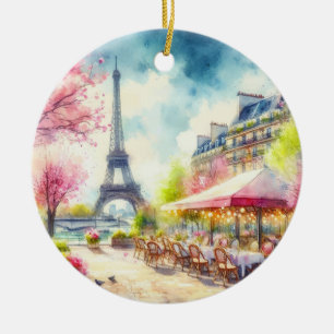 Paris France Eiffel Tower Watercolor Christmas Ceramic Tree Decoration