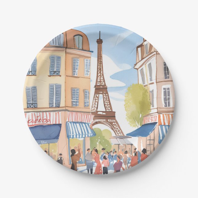 Paris France Eiffel Tower Watercolor Travel Paper Plate (Front)