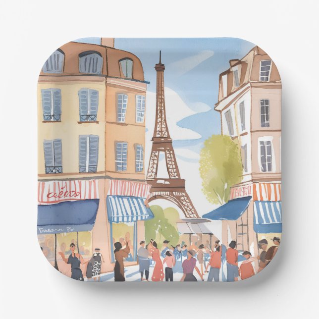 Paris France Eiffel Tower Watercolor Travel Paper Plate (Front)