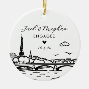 Paris France Engaged Eiffel Tower Sketch Custom Ceramic Tree Decoration