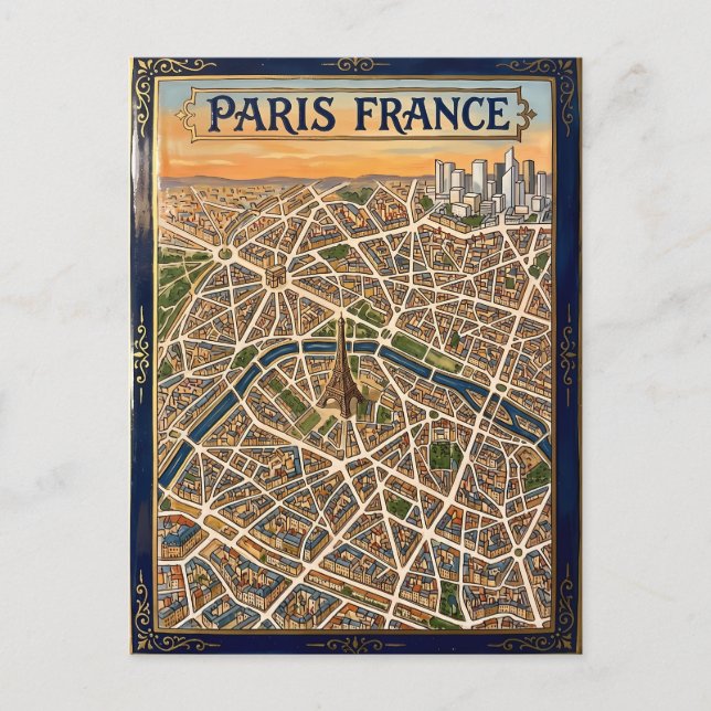 Paris France Hand-Painted Enamel Map Art Postcard (Front)