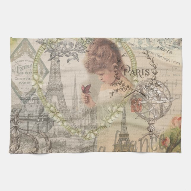Paris France Pretty Girl Eiffel Tea Towel (Horizontal)