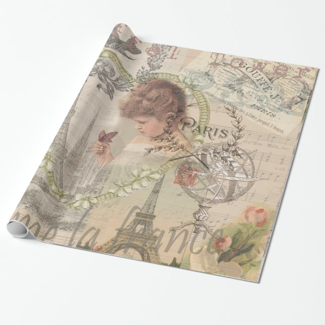 Paris France Pretty Girl Eiffel Wrapping Paper (Unrolled)