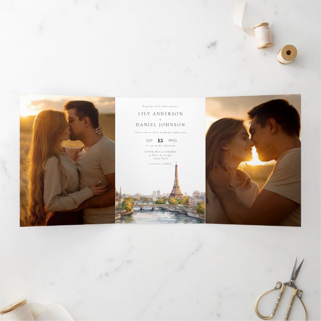 Paris France QR Code 3 Photo Wedding Tri-Fold Invitation (Inside)