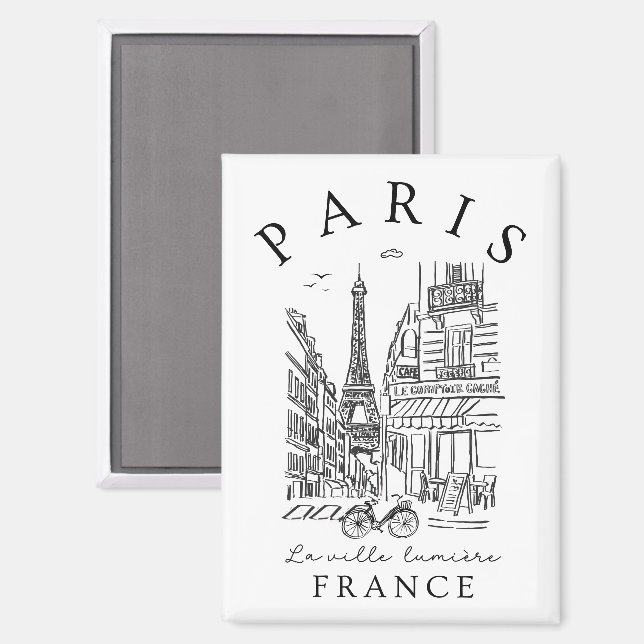 Paris France –  Sketch with Eiffel Tower & Café Magnet (Front/Back)