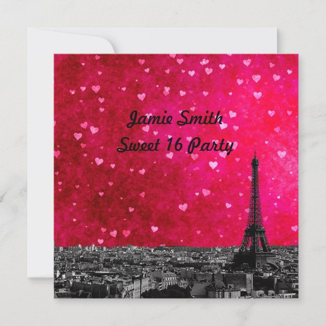 Paris France Skyline #1 Hot Pink Red Sweet 16 SQ Invitation (Front)