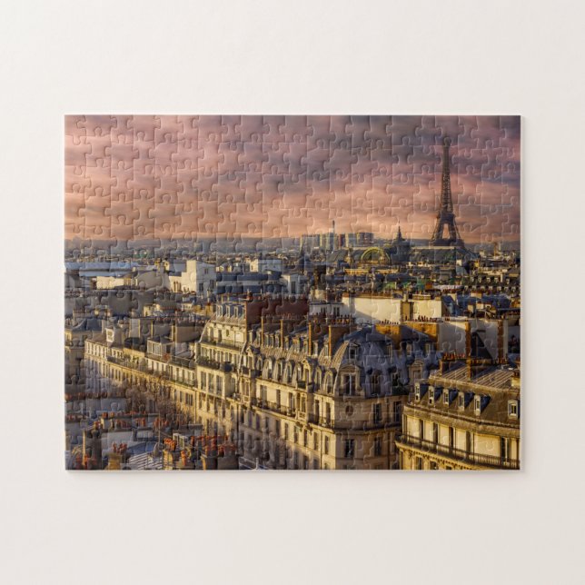 Paris France Skyline Eiffel Tower Pink Sky 11"x14" Jigsaw Puzzle (Horizontal)