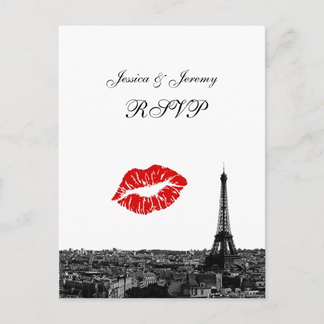 Paris France Skyline Kiss #1 BW RSVP 1 Invitation Postcard (Front)
