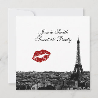 Paris France Skyline Kiss #1 BW Sweet 16 Invitation
