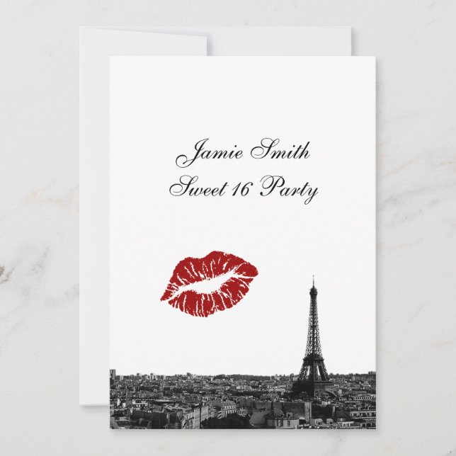 Paris France Skyline Kiss #1 BW Sweet 16 V Invitation (Front)