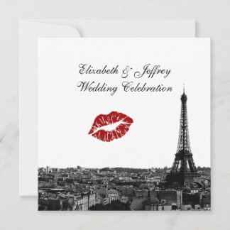 Paris France Skyline Kiss #1 BW Wedding Invitation