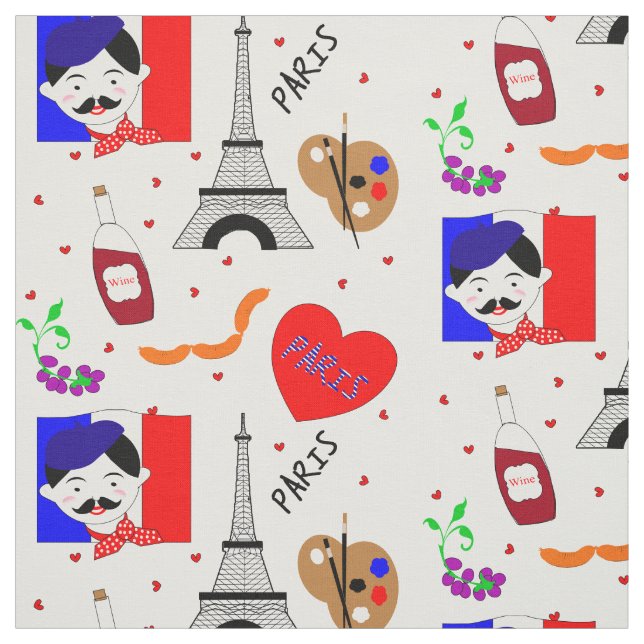 Paris France Themed Cute Fun Red White Blue Design Fabric (Swatch)