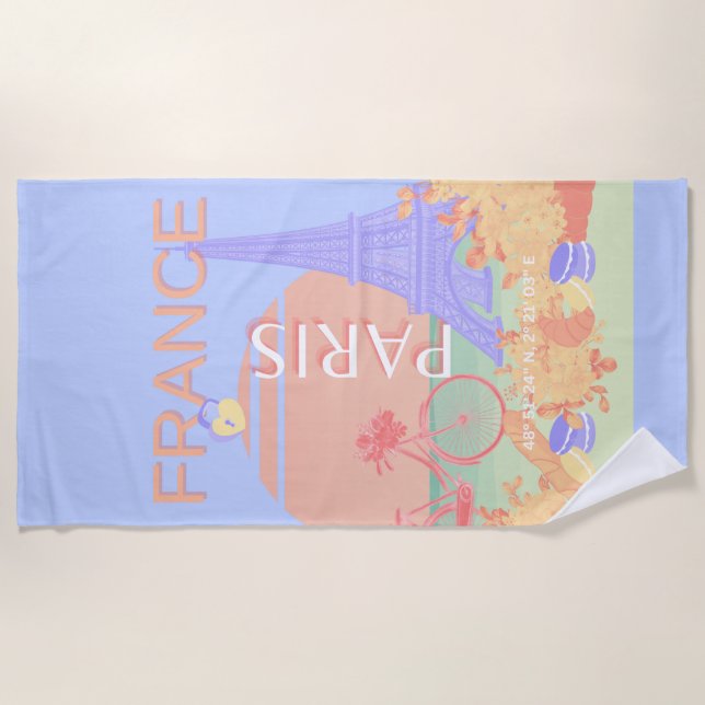 Paris, France, Travel Art, Preppy, Pastel, Blue Beach Towel (Front)